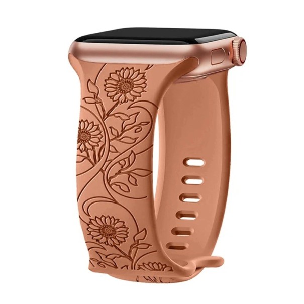 Bloemen gegraveerde band 42 mm voor Apple Watch Series 10 Laser-gegraveerde siliconen band met zonnebloemen Franse romantische stijl bruin