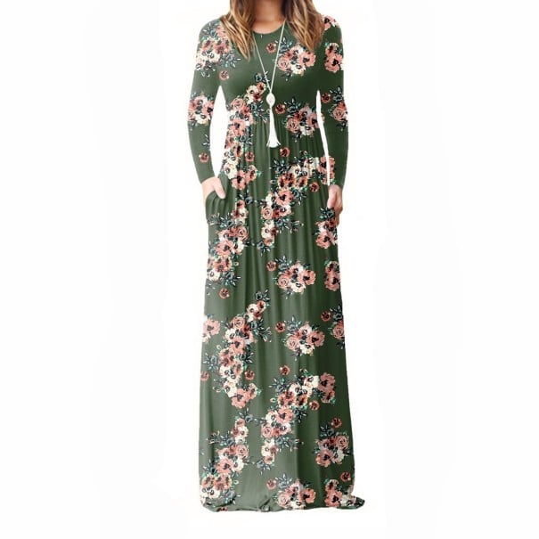 Bloemenjurk met lange mouwen legergroen S