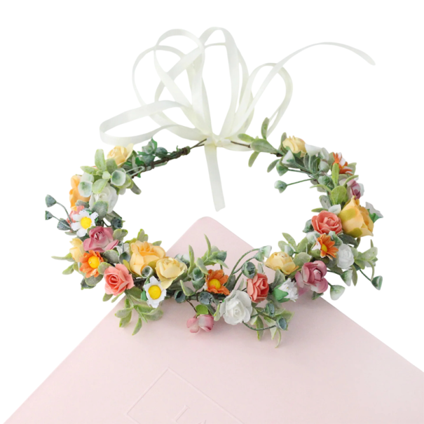 Bloemenkrans voor Haar Weidebloemen en Margrieten Natuurlijke Haaraccessoire met Witte Strik Decoratieve Bloemenkrans 1