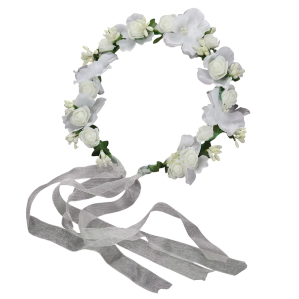 Bloemenkrans voor in het Haar Rozen en Weide Volle Bloemen Natuurlijke Haarband met Decoratieve Strik Romantische Bloemdecoratie wit