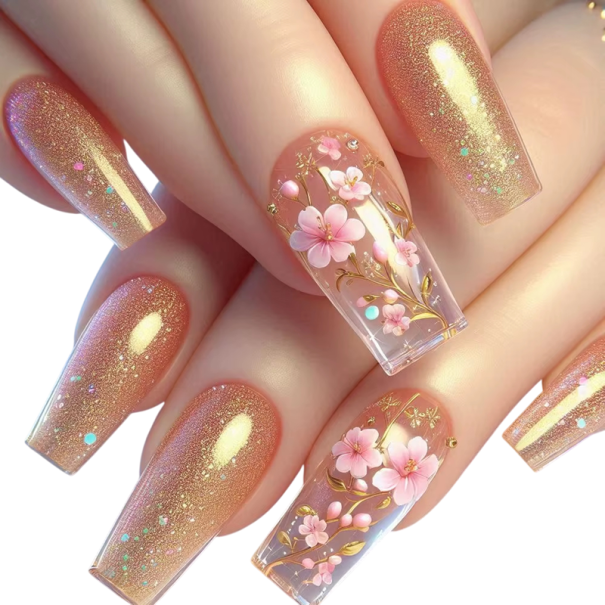 Bloemmotief kunstnagels 24 stuks Plakset voor thuismanicure Vierkante vorm met glitters en fijn bloemmotief 1