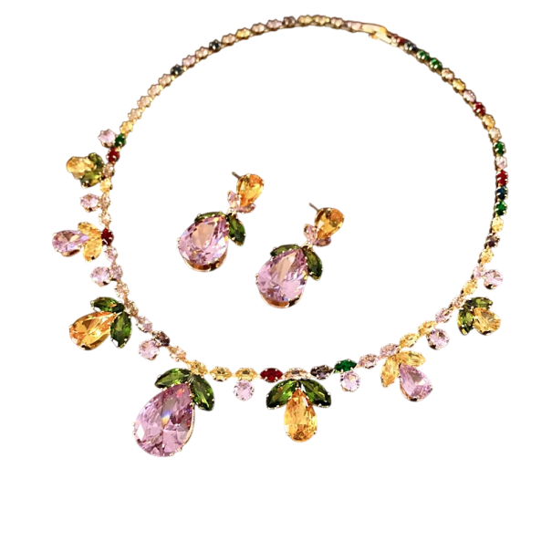 Bloemrijke kleuren set halsketting 44,5 cm oorbellen 3,9 cm Zirkon bruiloft avond sieraden van koper voor vrouwen bal verloving 1