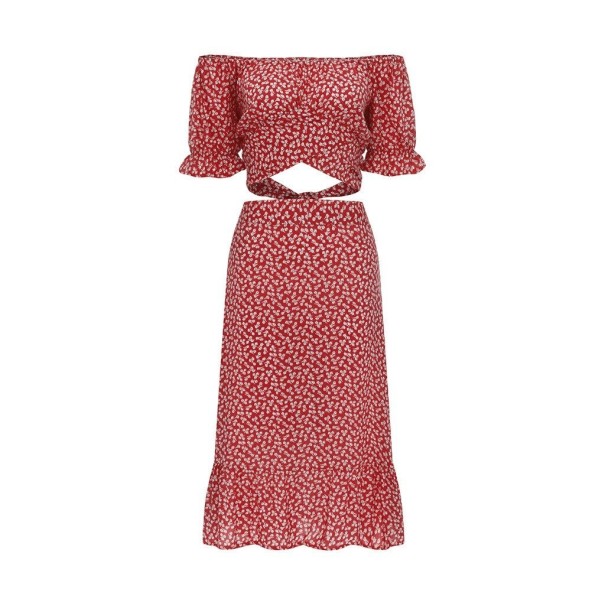 Blommig crop top och kjol för kvinnor B1099 röd S