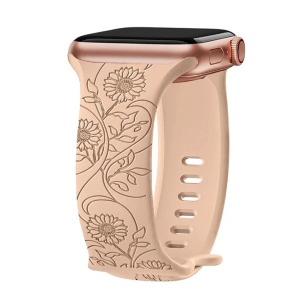 Blommig gravyrrem 42 44 45 46 49 mm för Apple Watch Series 1–10 SE SE2 Ultra Silikonrem med motiv av stora solrosor Milk apricot