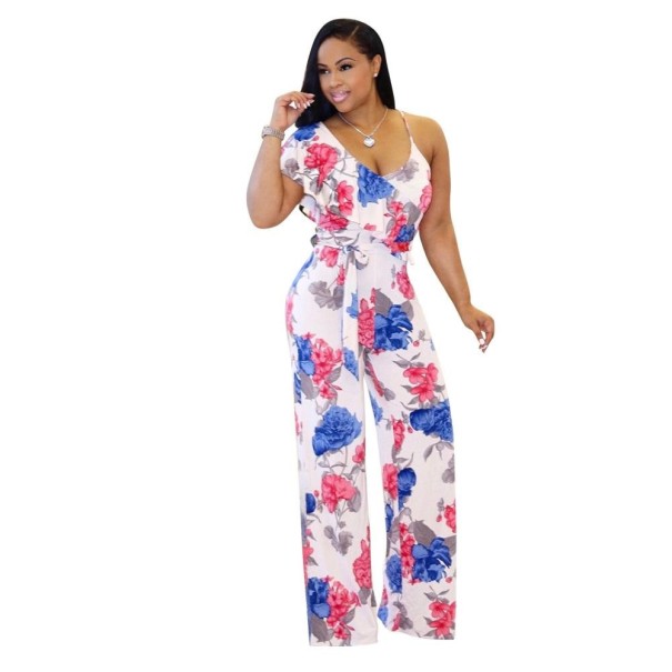 Blommig jumpsuit för kvinnor med volanger vit L
