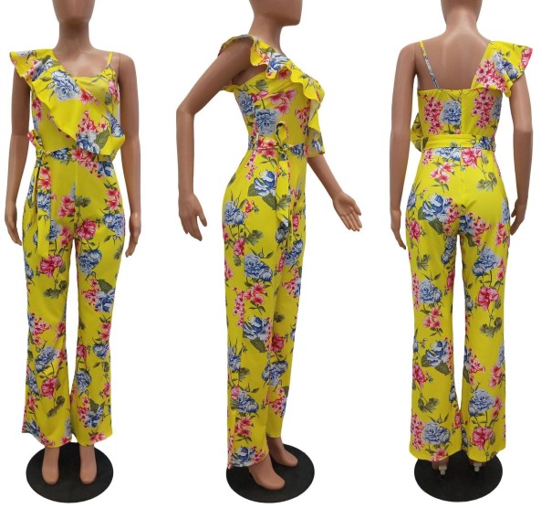 Blommig jumpsuit för kvinnor med volanger