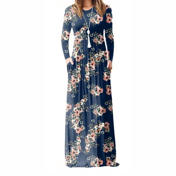 Blomsterkjole med lange ærmer mørkeblå L