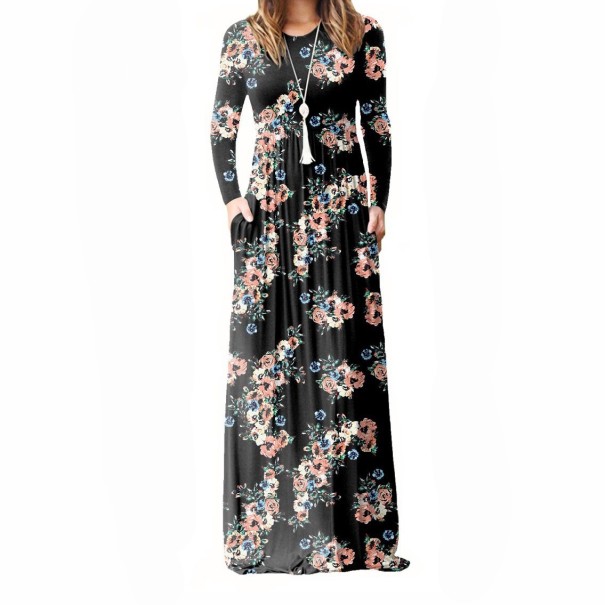 Blomsterkjole med lange ærmer sort L