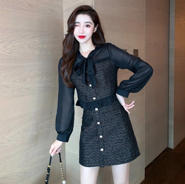 Blouse et jupe pour femmes B1140 noir XS
