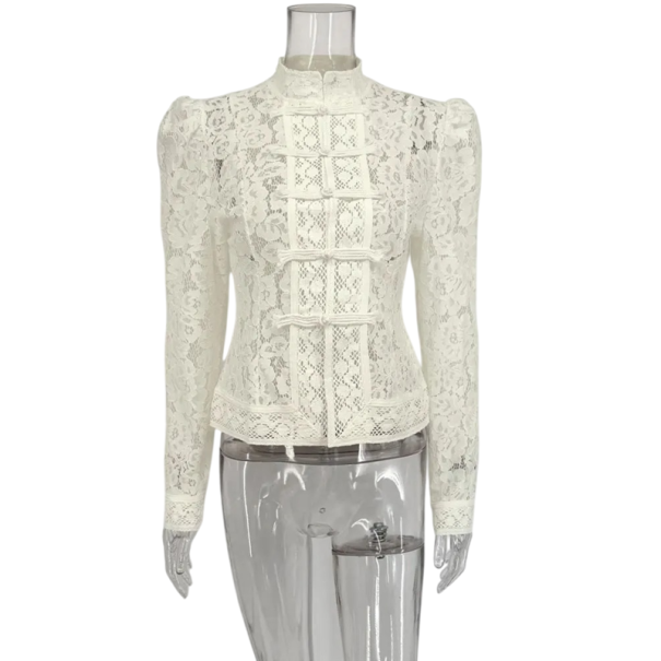 Blouse Femme en Dentelle Fermeture Boutonnée Manches Longues Blouse Élégante Unie Adaptée au Travail et à un Usage Quotidien beige S