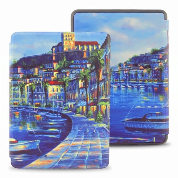 Blue Flip Case for 6 Inch Kindle 10th Generation 2019 with Painting of a Coastal Town and Harbour with Boats, Featuring a Strap and Screen Protector 1