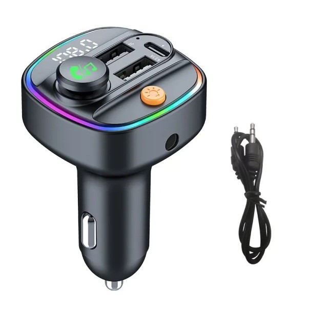 Bluetooth 5.3 FM vysílač Handsfree do auta AUX rádio modulátor MP3 přehrávač s PD30W a USB 22,5W rychlonabíjením adaptér DC12-24V černý s kabelem 1