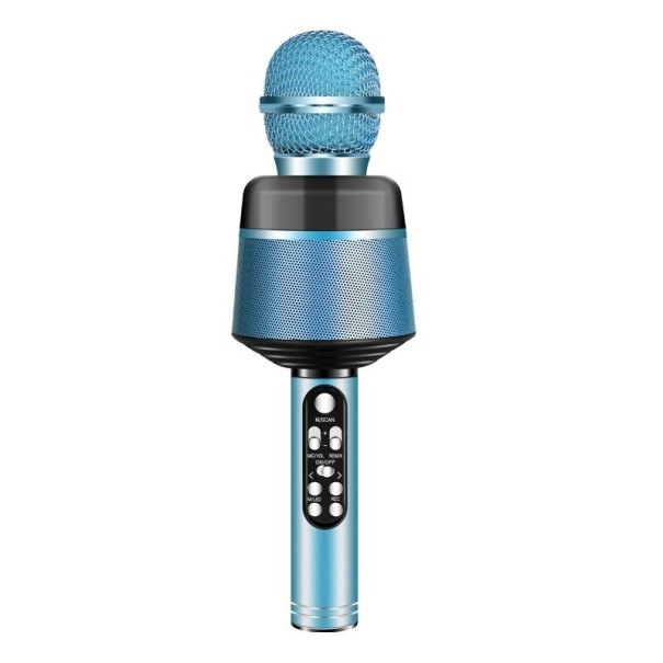 Bluetooth karaoke microphone for singing Handheld condenser with cardioid characteristic Noise reduction and volume control Length 25.5 cm blue
