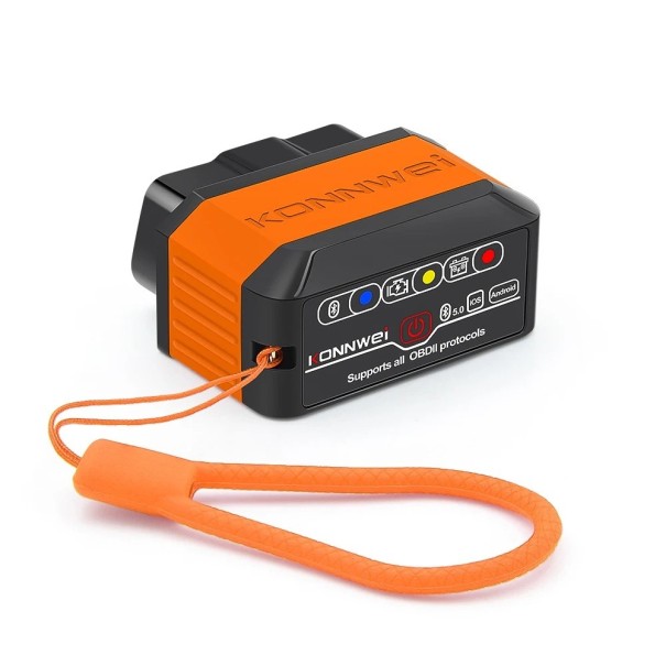 Bluetooth OBD2 -vikatunnistin, jossa on päälle/pois-kytkin Android- ja iOS-laitteille, 12 V:n autojen moottoridiagnostiikka, ELM327 V1.5 -päästötesti, KONNWEI KW905 oranssi