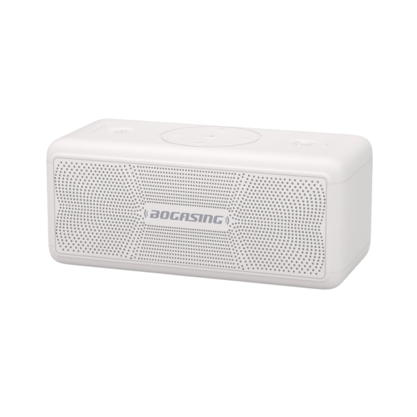 Bluetooth reproduktor BOGASING M5 40 W Bluetooth 5.3 360° prostorový zvuk IPX7 voděodolný 30 h výdrž 6000 mAh 16 x 7,6 x 7,1 cm přenosný bílá