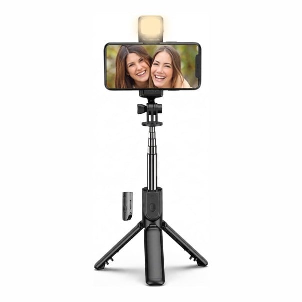 Bluetooth selfie tyč so statívom a LED svetlom 71 cm Diaľkové ovládanie Otočný držiak telefónu 360° pre fotenie a videá čierna