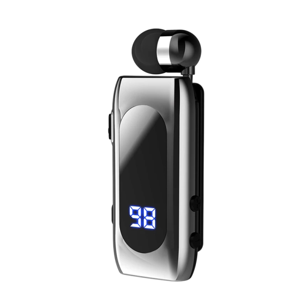 Bluetooth sluchátko K55 Lavalier Business s klipem výsuvný kabel LED displej stavu baterie Bluetooth 5.2 TYPE-C nabíjení pro hovory a hudbu stříbrná