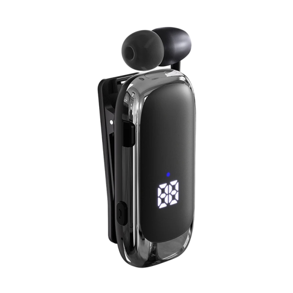 Bluetooth sluchátko K88 Lavalier Business s klipem výsuvný kabel LED displej stavu baterie Bluetooth 5.2 handsfree pro hovory a hudbu stříbrná