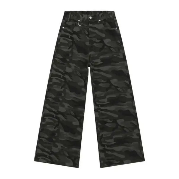 Blugi de camuflaj drepți pentru bărbați cu inel metalic, picioare largi, streetwear, stil militar, casual, blugi pentru bărbați negru S