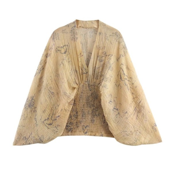 Blusa beige da donna con ampie maniche a kimono, scollatura a V profonda e vita arricciata con stampa disegnata XS