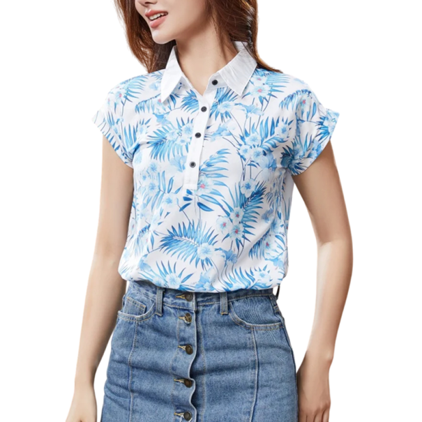 Blusa blanca de mujer con estampado floral azul Top de verano con cuello y manga corta Elegante blusa camisera para el trabajo y el ocio S
