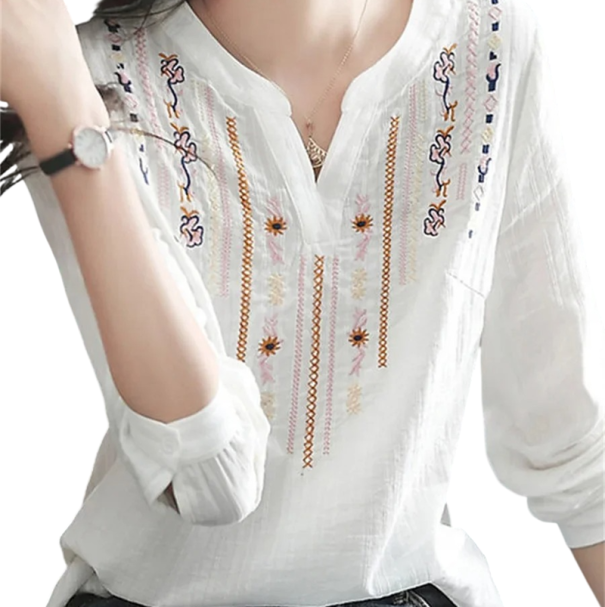 Blusa branca feminina com decote em V, manga três quartos, ornamentos decorativos, manga com botão, blusa elegante em poliéster S