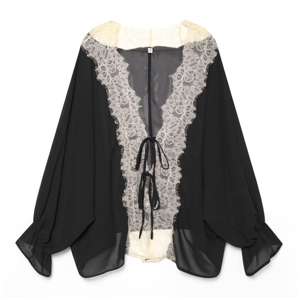 Blusa da donna a taglio largo con pizzo al centro del davanti, maniche lunghe e larghe, scollo a barca e fiocco nero XS
