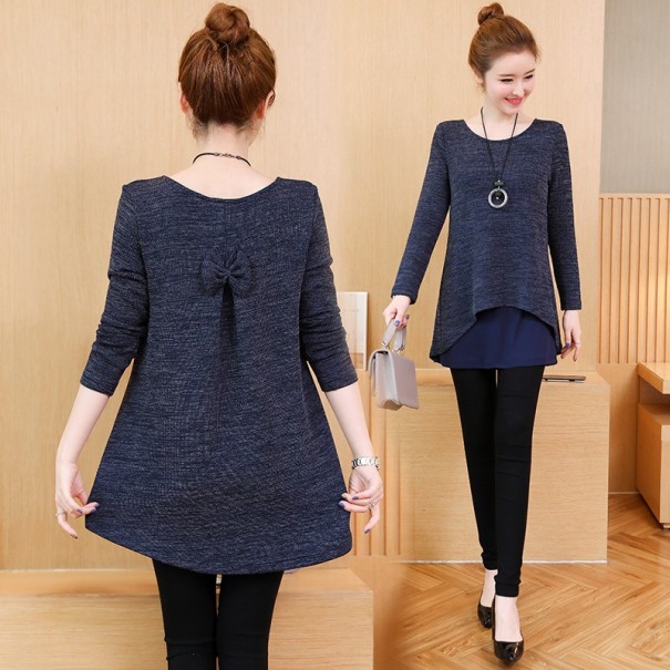 Blusa da donna con fiocco sulla schiena blu scuro XXL