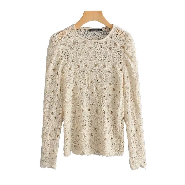Blusa da donna in pizzo con motivo circolare Maniche lunghe e spalle arricciate Collo rotondo Colore crema Poliestere e cotone S