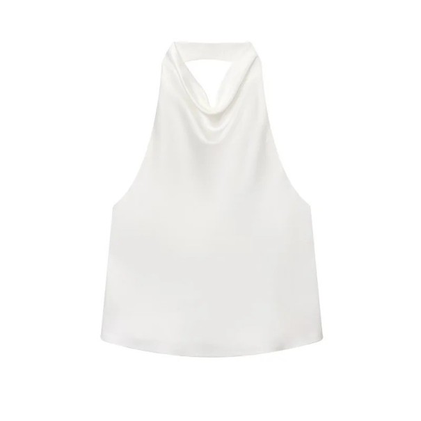 Blusa da donna lucida con scollatura a O senza maniche chiusura dietro al collo blusa elegante monocolore in poliestere bianco XS