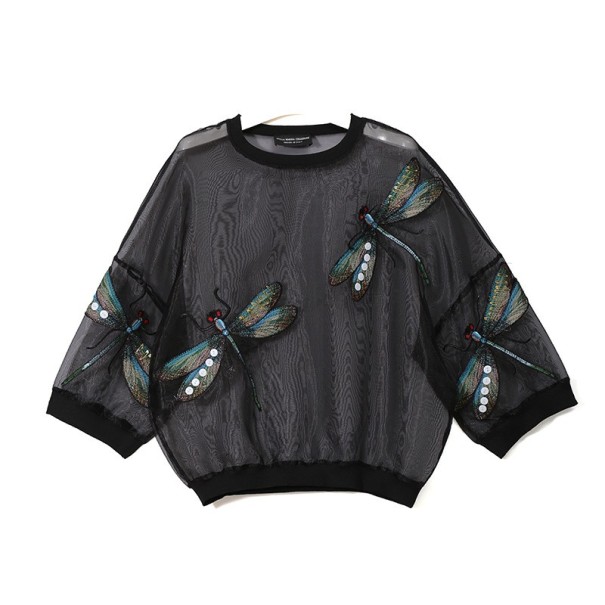 Blusa da donna trasparente con libellule nero