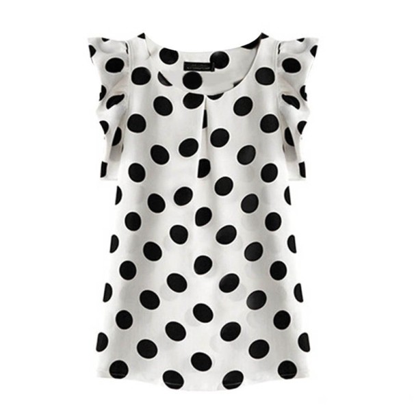 Blusa de chiffon feminina com bolinhas e mangas curtas com volantes Decote redondo com pregas na frente Muito confortável Material agradável S