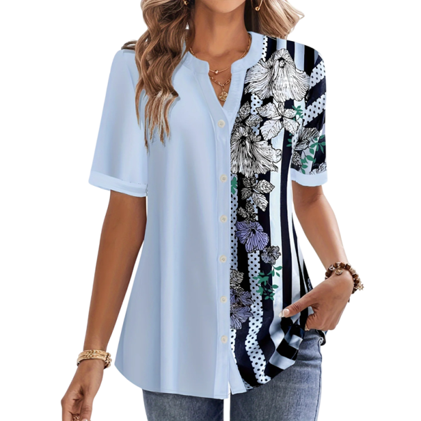 Blusa de mujer celeste con estampado floral Diseño de rayas Botones Manga corta Blusa elegante en tallas grandes XXL