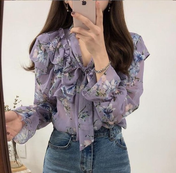 Blusa de mujer con lazo y volantes lavanda S