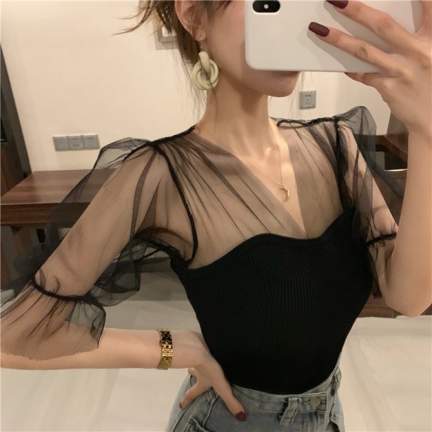 Blusa de mujer con mangas transparentes B168 negro
