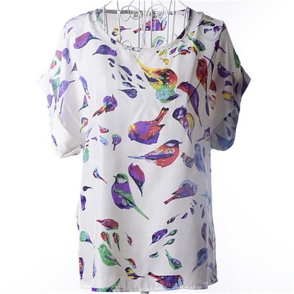 Blusa de mujer con pájaros de colores XL