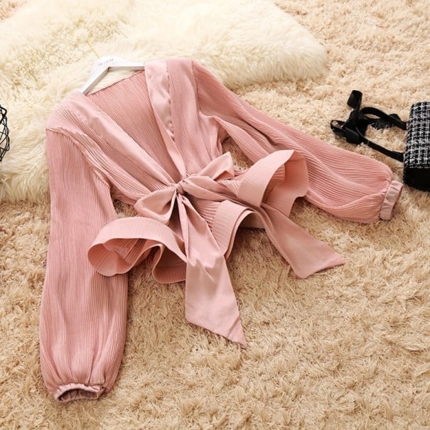 Blusa elegante da donna in plissé con fiocco in vita Scollatura profonda a V Lunghe maniche ampie con polsino Volant in vita Poliestere rosa