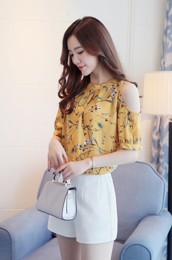 Blusa elegante de mujer con estampado floral J1037 amarillo L