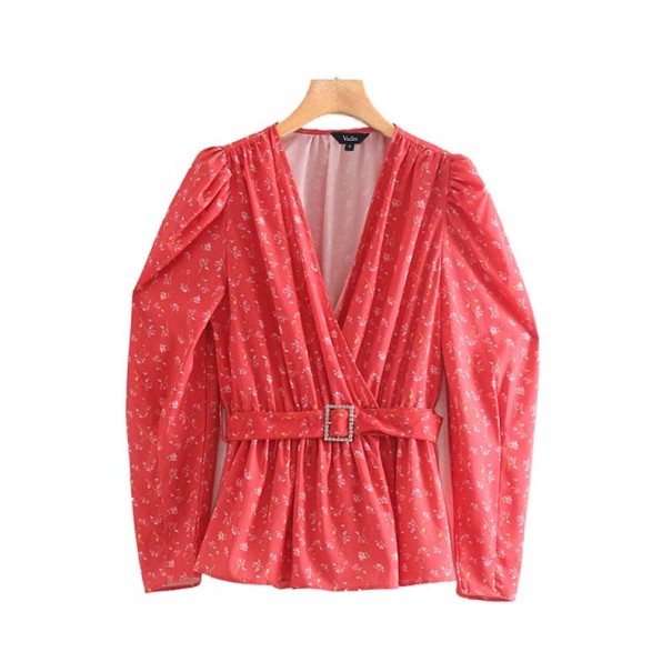 Blusa elegante feminina vermelha com padrão floral e cinto com fivela decorativa Decote transpassado Mangas longas franzidas nos ombros Poliester M