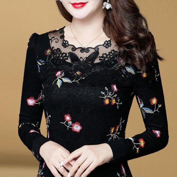 Blusa elegante nera da donna con pizzo e applicazioni floreali colorate Maniche lunghe in pizzo Tulle trasparente al collo Poliestere XL