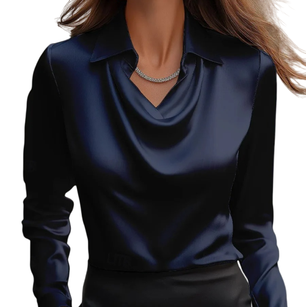 Blusa feminina brilhante Decote em V Manga longa Gola Blusa social lisa em poliéster para o trabalho e à noite azul marinho L