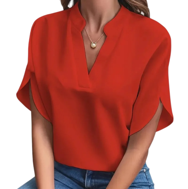 Blusa feminina com colarinho Decote em V Manga curta Blusa elegante de poliéster adequada para o trabalho vermelho XS