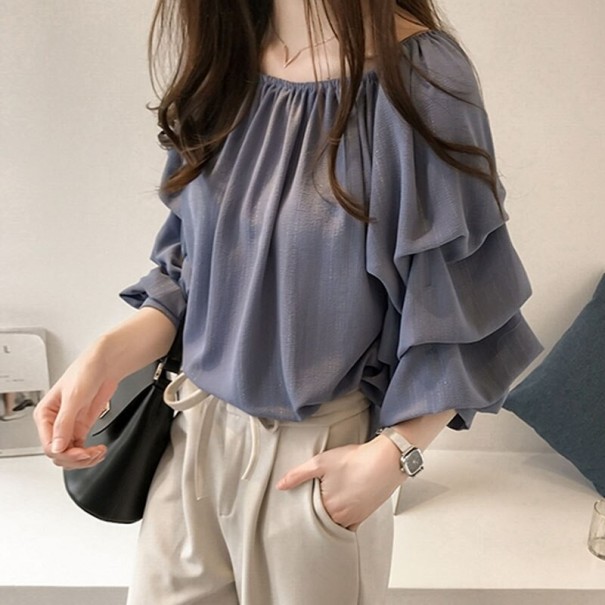 Blusa feminina com mangas volumosas e em camadas Manga longa com punho Decote redondo franzido Corte solto Mistura de poliéster e acetato azul L