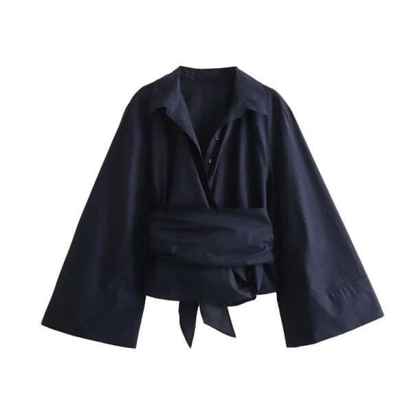 Blusa feminina de manga longa com punhos largos Corte cruzado Cinto autoajustável Top elegante para estilo diário e formal azul escuro L