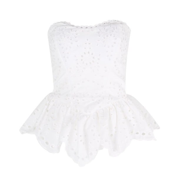Blusa feminina sem alças Top justo com volão pontiagudo e bordado Costura franzida na parte de trás Borda superior decorativa Material branco M