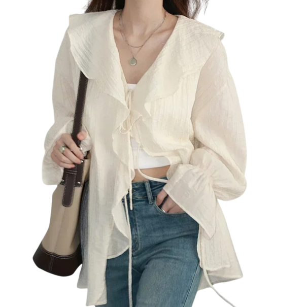 Blusa feminina solta com decote em V e atilhos Camisa casual com volantes Top romântico e arejado para a primavera e verão Elegante branco S