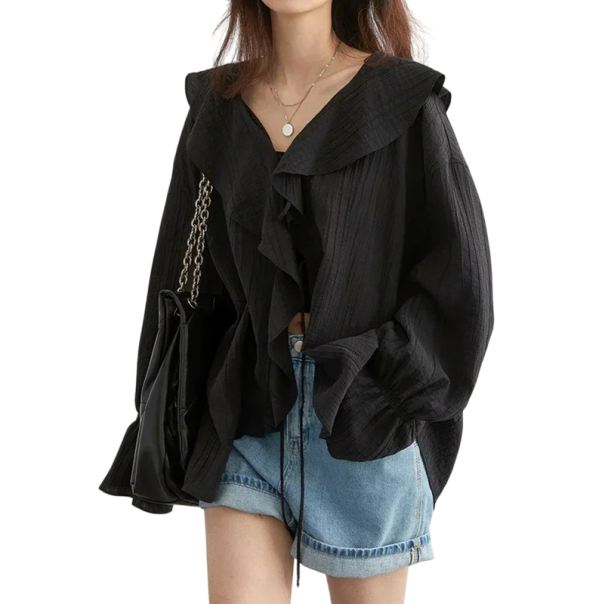 Blusa holgada de mujer con escote en V y cordones Camisa casual con volantes Top romántico y aireado para primavera y verano Elegante y cómodo negro M