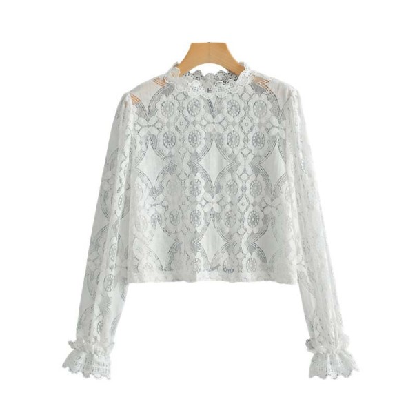 Blusa in pizzo da donna con maniche lunghe Pizzo bianco trasparente con motivo floreale Volant sulle maniche Collo alto Cotone e poliestere M