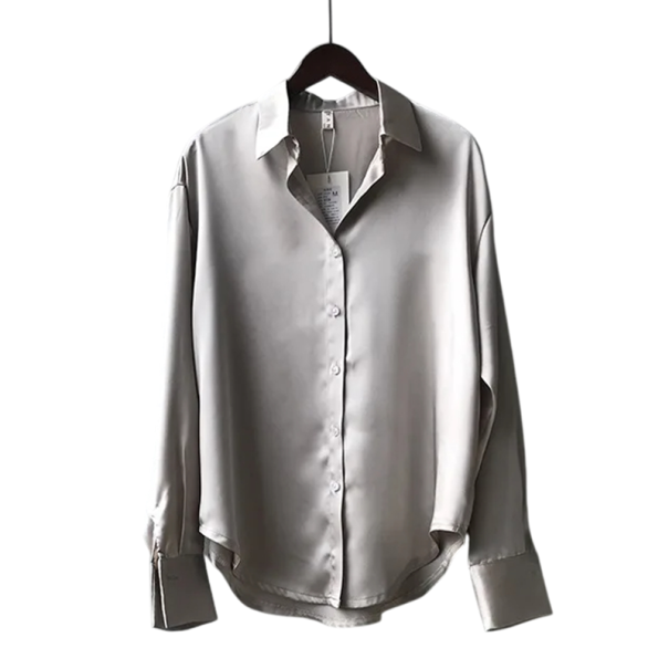 Blusa in satin da donna con maniche lunghe Camicia elegante Taglio ampio Chiusura con bottoni Materiale leggero e lucido per il giorno e la sera grigio M