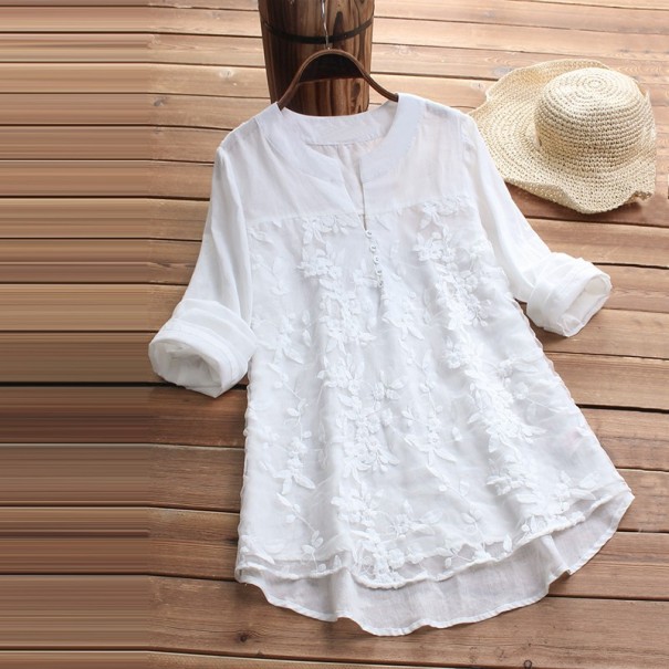 Blusa larga de mujer con flores blanco M